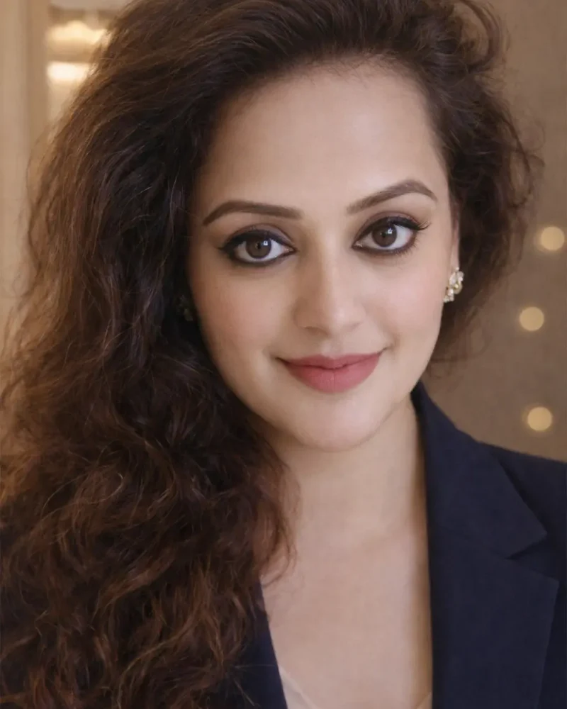 Surbhi looking elegant with voluminous curly hair, professional attire, and warm smile in a corporate setting.